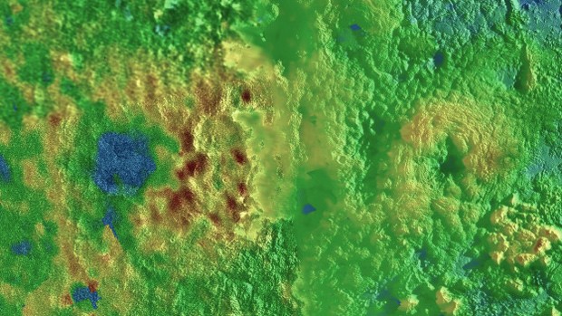 Piccard Mons (à esq.) and Wright Mons (à dir.); as cores da imagem divulgada pela Nasa indicam a altura: azul é baixo, verde é intermediário e marrom é alto (Foto: NASA/JPL-JHU/SWRI)