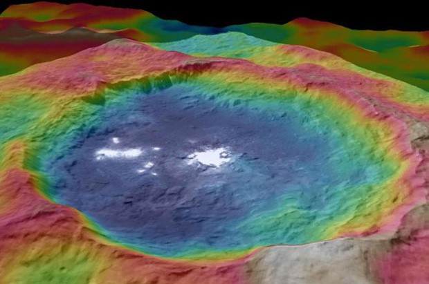 A cratera Occator: cores mostram as diferenças em elevações e também os misteriosos pontos brilhantes (Foto: NASA/JPL-Caltech/UCLA/MPS/DLR/IDA)