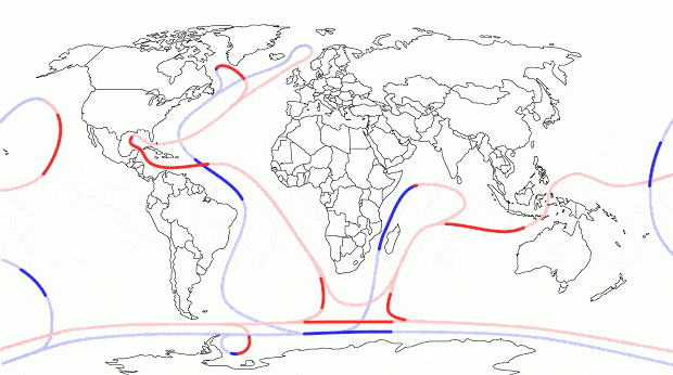 Diagrama global de circulação termoalina mostra a importância das correntes do Atlântico Norte em transportar água quente para o norte e levar água fria para o sul (Foto: G1/NOAA)