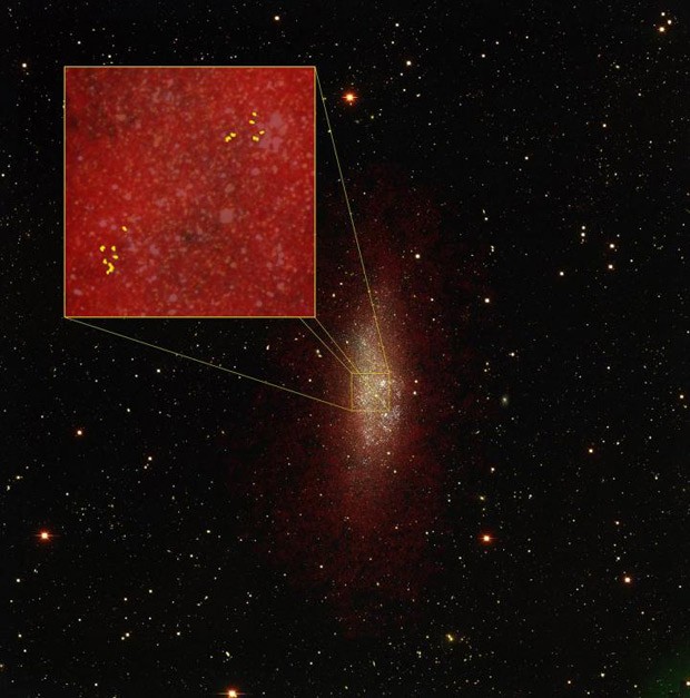 Telescópio Alma descobriu evidências de que há formação de estrelas dentro de galáxia anã (Foto: B. Saxton (NRAO/AUI/NSF); M. Rubio et al., Universidad de Chile, ALMA (NRAO/ESO/NAOJ); D. Hunter and A. Schruba, VLA (NRAO/AUI/NSF); P. Massey/Lowell Observatory and K. Olsen (NOAO/AURA/NSF))