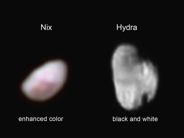 Imagens das luas Nix, à esquerda, e Hydra, à direita, feitas pela sonda New Horizons (Foto: NASA/JHUAPL/SWRI)
