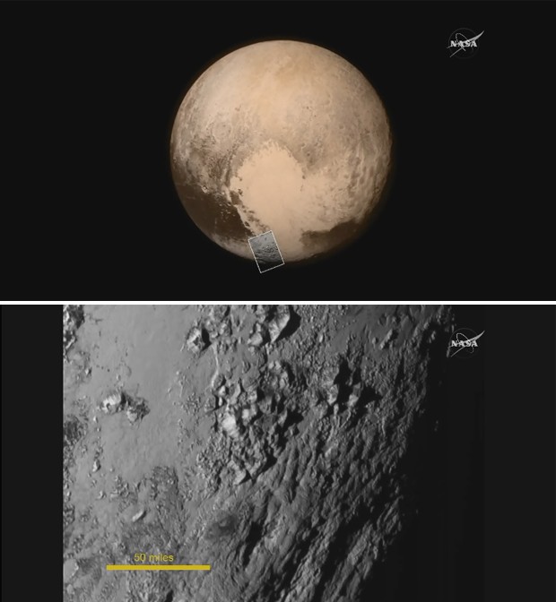 Imagem de cima mostra Plutão, em imagem feita pela sonda New Horizons esta semana; imagem de baixo mostra detalhes na superfície do planeta anão feitos durante passagem da New Horizons (Foto: Nasa TV/Divulgação)