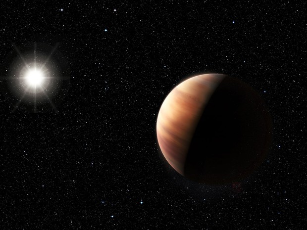 Concepção artística do recentemente descoberto planeta gigante gasoso gêmeo de Júpiter em órbita de uma estrela gêmea do Sol, HIP 11915 (Foto: ESO/M. Kornmesser)