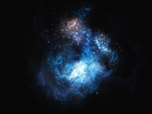 Concepção artística de CR7, a galáxia mais brilhante do Universo primordial: nome foi homenagem a jogador Cristiano Ronaldo (Foto: ESO/M. Kornmesser)