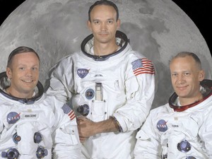 Foto oficial da Apollo 11. Armstrong à esquerda, Michael Collins no centro e Buzz Aldrin à direita (Foto: NASA Great Images in Nasa Collection)