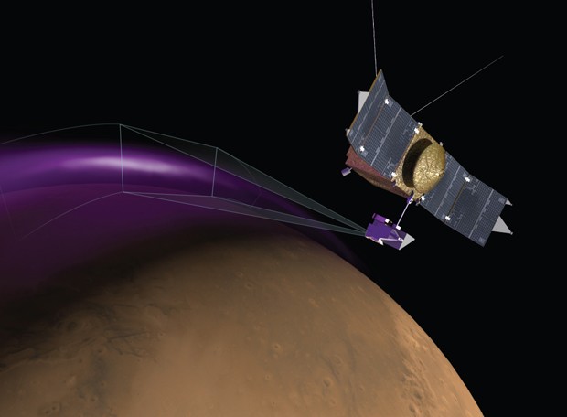  Concepção artísticada mostra sonda MAVEN observando a aurora "luzes de Natal", em Marte  (Foto: University of Colorado/Nasa)
