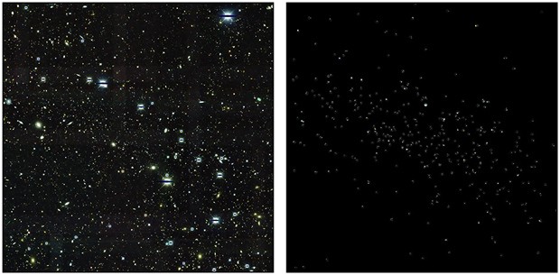 Imagens ilustram como é difícil detectar as galáxias anãs. À esquerda, uma imagem feita pela Câmera de Energia Escura do objeto DES J0335.6-5403, uma das possívels galáxias anãs descobertas; à direita, uma imagem das estrelas pertencentes a essa galáxia, com todo o resto de matéria visível apagada (Foto: Fermilab/Dark Energy Survey)