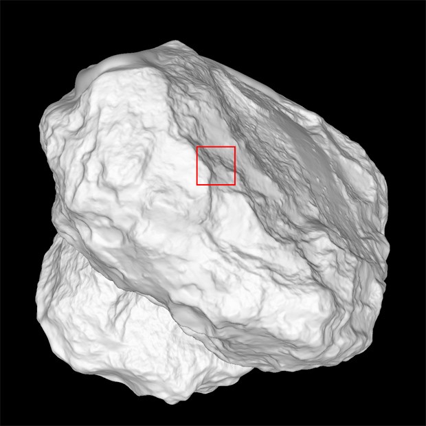  Modelo do cometa 67P/Churyumov-Gerasimenko mostra a posição em que a imagem foi feita  (Foto: ESA/Rosetta/MPS for OSIRIS Team MPS/UPD/LAM/IAA/SSO/INTA/UPM/DASP/IDA)