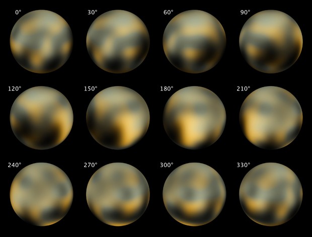  Combinação de imagens feita pelo Telescópio Espacial Hubble em 2002 e 2003 mostra Plutão em diferentes ângulos; nave New Horizons começará a fazer imagens do planeta anão neste domingo (Foto: AP Photo/NASA, ESA, M. Buie)