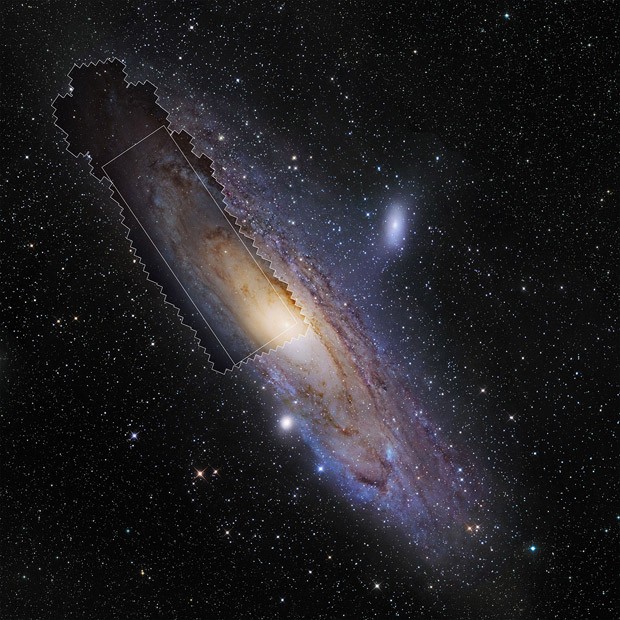 Imagem mostra Galáxia de Andrômeda, com destaque para a região retratada em alta resolução pelo Hubble (Foto: NASA, ESA, J. Dalcanton (University of Washington, USA), B. F. Williams (University of Washington, USA), L. C. Johnson (University of Washington, USA), the PHAT team, and R. Gendler)