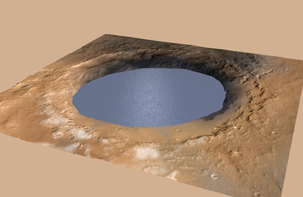 Ilustração mostra lago parcialmente preenchendo a cratera de Gale, em Marte (Foto: Nasa/JPL-Caltech/ESA/DLR/FU Berlin/MSSS)