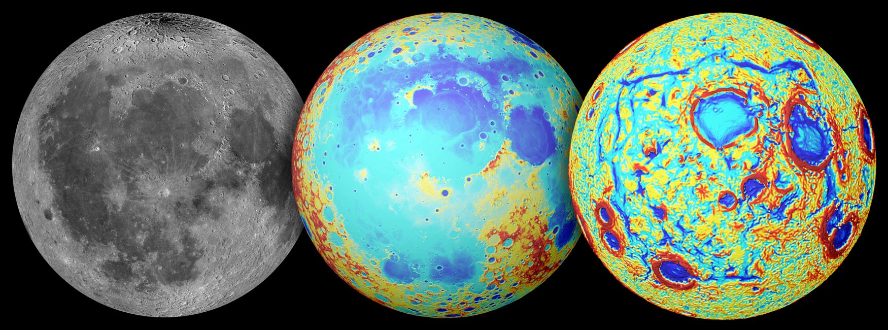 A Lua, observada em luz visível (esquerda), a topografia (centro) e os gradientes de gravidade (direita) (Foto: NASA/Colorado School of Mines/MIT/JPL/Goddard Space Flight Center)