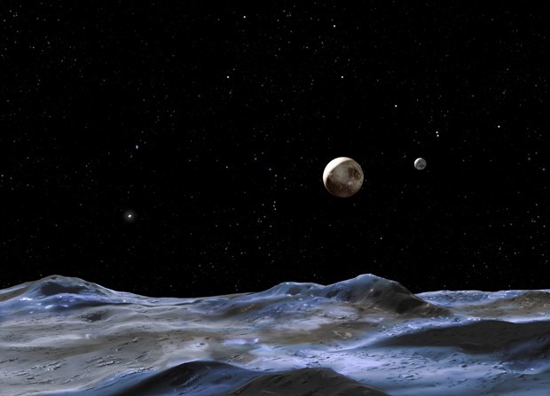 Concepção artística mostra Plutão (disco maior) e suas possíveis luas (Foto:  NASA, ESA and G. Bacon (STScI))