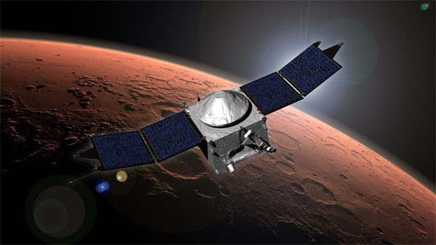 Concepção artística mostra a sonda Marven já na órbita do planeta Marte (Foto: Divulgação/Nasa)