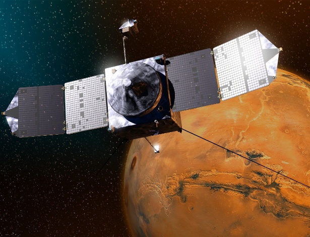 A sonda Maven chegará a Marte no dia 22 de setembro, segundo estimativas dos técnicos da Nasa. Nesta ilustração, a Maven prepara-se para pousar no chamado "planeta vermelho"