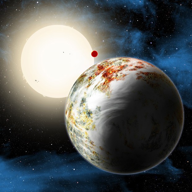  Concepção artística mostra o sistema Kepler-10, que integra dois planetas rochosos; em primeiro plano, o Kepler-10c, considerado uma megaterra; no fundo, o planeta Kepler-10b (Foto: David Aguilar/Harvard-Smithsonian Center for Astrophysics)