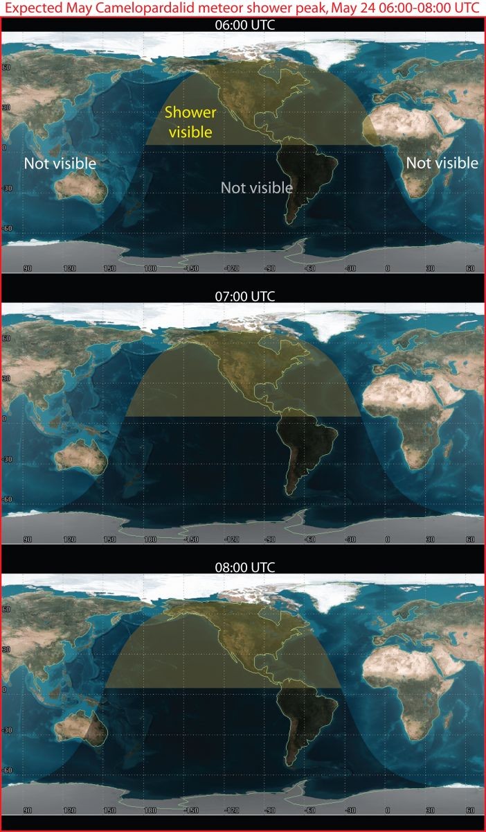 Área em amarelo é onde chuva de meteoros poderá ser vista na América do Norte (Foto: Nasa)