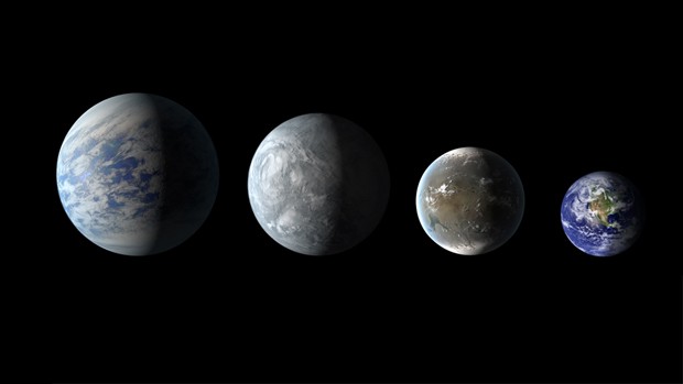 Concepção artística mostra três dos novos planetas descobertos em zonas habitáveis, em escala comparativa com a Terra (direita) (Foto: Science@NASA/NASA's Goddard Space Flight Center)