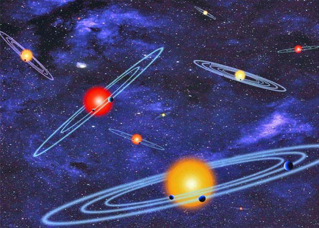 Ilustração da Nasa mostra sistemas com múltiplos planetas que eclipsam as estrelas que circundam, dependendo do ponto de observação (Foto: Nasa)