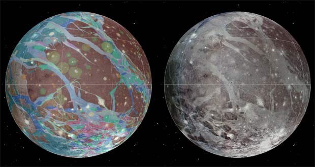 A Ganymede, sétima lua de Júpiter, ganhou mapa global com detalhes geológicos (Foto: USGS Astrogeology Science Center/Wheaton/NASA/JPL-Caltech)