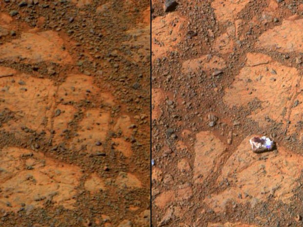 Imagens mostram antes e depois de zona rochosa em Marte documentada pelo Opportunity. À direita, rocha misteriosa encontrada 12 dias após o registro da primeira imagem. (Foto: AFP Photo/ NASA/JPL-Caltech/Cornell University/Arizona State University/ Handout)