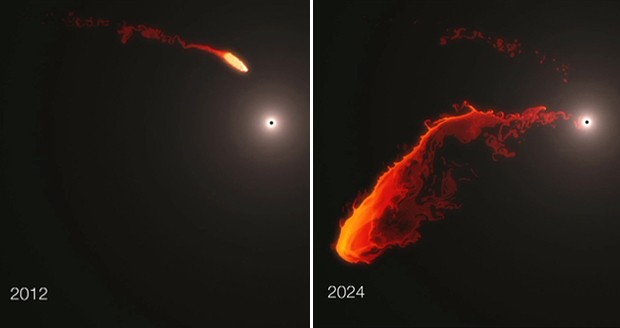 Astrônomos fizeram uma animação de como seria o fenômeno em que buraco negro engole nuvem de gás (Foto: ESO/MPE/M.Schartmann)