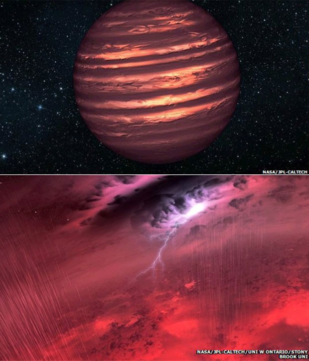 Na imagem acima mostra estrela anã marrom, uma espécie de astro &quot;fracassado&quot; que não adquiriu massa suficiente; na segunda imagem, Ilustração mostra como seria o clima na estrela anã marrom (Foto: Nasa/JPL/University Ontario/BBC)