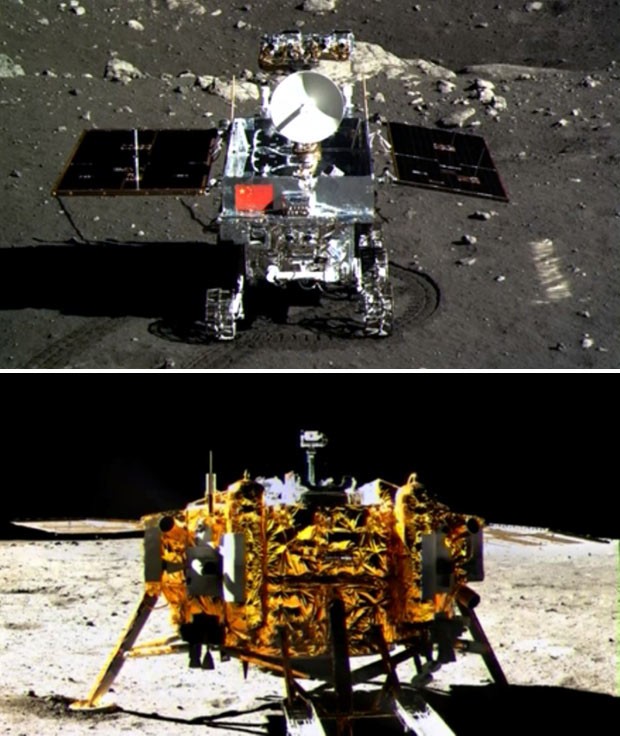 Veículo teleguiado 'Coelho de Jade' (em cima) e módulo de pouso da sonda Chang'e-3 (embaixo) tiram fotos mútuas na superfície da Lua.  (Foto: AFP Photo/CCTV)