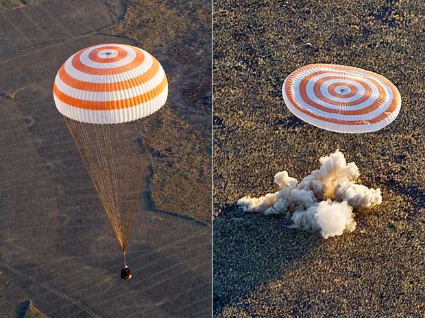 Nave Soyuz retorna à Terra com 3 tripulantes e a tocha olímpica de inverno. Pouso ocorreu nas estepes do Cazaquistão. (Foto: Shamil Zhumatov / Pool / AP Photo)