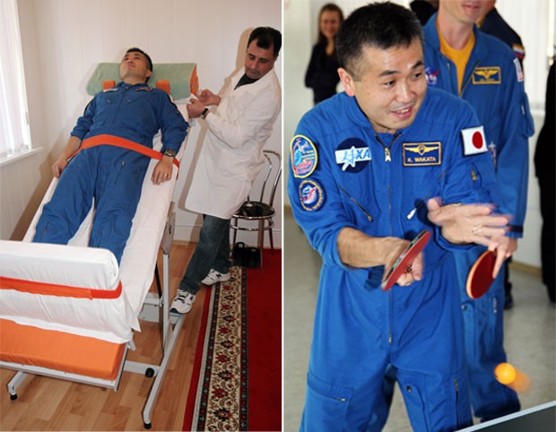 Imagens mostram o astronauta japonês Koichi Wakata durante o treinamento e depois, jogando pingue-pongue (Foto: STR/AFP)