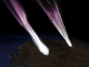 Concepção artística do retorno da Hayabusa (à esq.) e da cápsula com a amostra do asteroide (à dir.), sobre o sul da Austrália (Foto: Nasa / JPL)