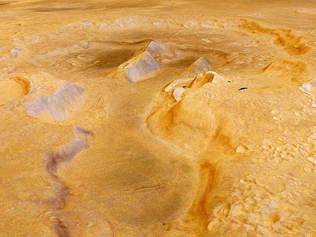 Imagem mostra candidato a supervulcão em Marte, chamado Oxus Patera. Montanhas dentro de uma cratera de 30 km de diâmetro são compostas de materiais com grãos finos que podem representar depósitos de cinzas vulcânicas (Foto: ESA/Mars Express/Freie Universitat Berlin/Google )