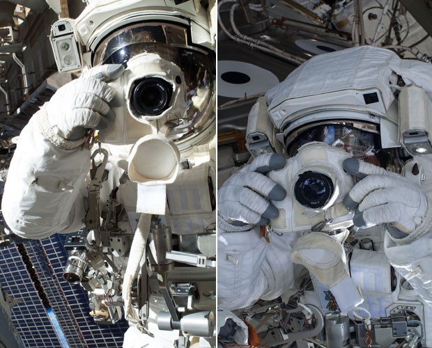 Chris Cassidy e Luca Parmitano se fotografando durante caminhada espacial (Foto: NASA)