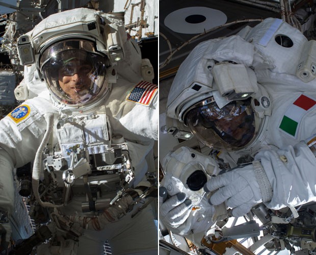 O astronauta norte-americano Chris Cassidy e o italiano Luca Parmitano em retrato feito durante caminhada na terça (16) (Foto: NASA)