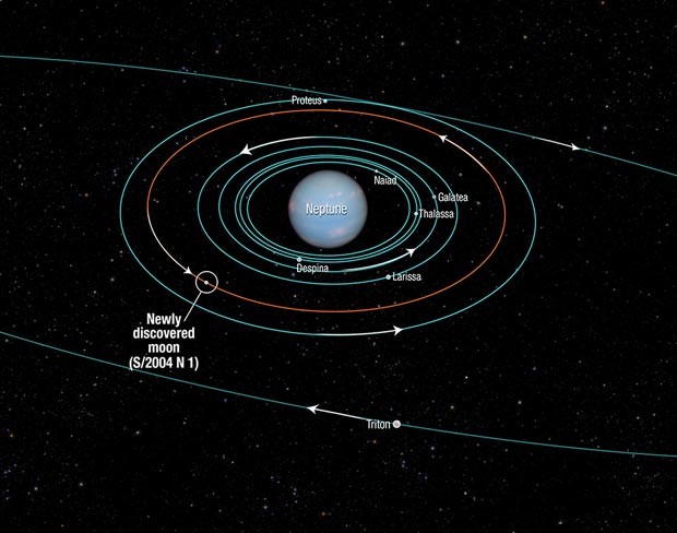 O diagrama mostra a órbitas de várias luas de Netuno. Todas foram descobertas em 1989, pela nave Voyager 2, com a exceção da S/2004 N1, descoberta recentemente pelio Hubble. (Foto: NASA, ESA, e A. Feild-STScI)