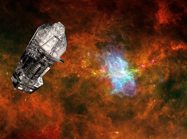 Concepção artística coloca imagem do telescópio Herschel próxima à região que corresponde a um 'berçário' de estrelas no espaço (Foto: ESA/AFP)