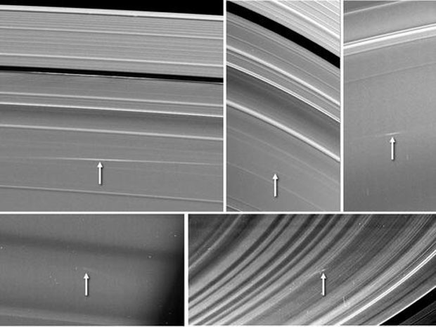 Cinco imagens dos anéis de Saturno, feitas pela sonda da Nasa Cassini entre 2009 e 2012, apresentam nuvens com material liberado após o impacto de pequenos objetos com os anéis (Foto: Nasa)