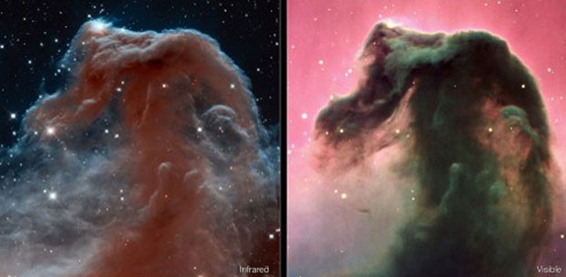 Duas imagens divulgadas nesta sexta mostram a Nebulosa Cabeça de Cavalo. À direita, registro pelo Observatório Europeu do Sul (ESO), localizado no Chile. À esquerda, imagem captada pelo telescópio Hubble, da Nasa (Foto: Nasa/Esa/AFP)
