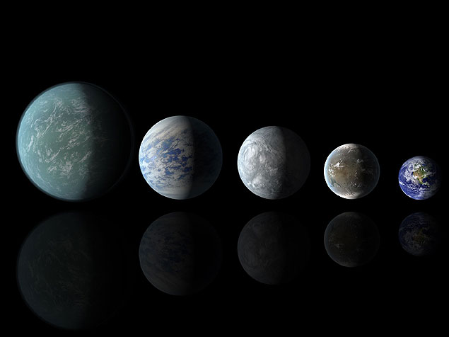 Concepção artística compara o tamanho dos exoplanetas, Kepler-22b, Kepler-69c, Kepler-62e, Kepler 62f, respectivamente, com a Terra. A descoberta dos dois últimos foi anunciada nesta quinta.