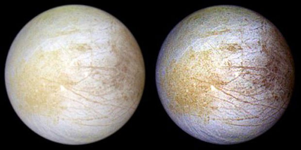 Imagens feitas pela Nasa de Europa, lua de Júpiter (Foto: Nasa/JPL/Universidade do Arizona)