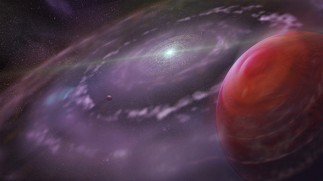 Concepção artística do sistema planetário HR 8799 em um estágio inicial de sua evolução, mostrando o planeta HR 8799c e um disco de gás e poeira