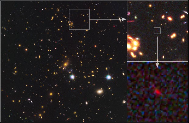 Imagem mostra galáxia MACS 1149-JD; à direita, a Nasa destaca detalhes da foto (Foto: NASA/ESA/STScI/JHU)