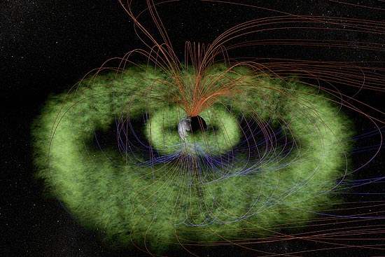 Ilustração mostra as partículas carregadas que formam os cinturões de Van Allen, a serem estudados por duas sondas lançadas pela Nasa