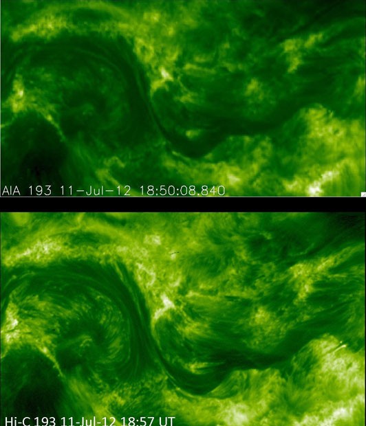 Mostradas em verdes, as imagens detalham o campo magnético do Sol. (Foto: Divulgação/Nasa)