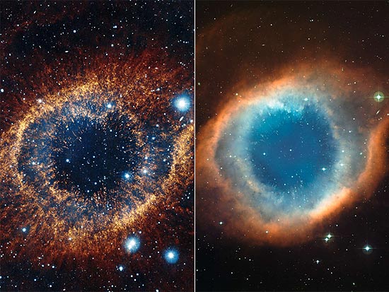 As imagens mostram as diferenças de detalhes da nebulosa da Hélice quando fotografada pelo Vista (à esq.)