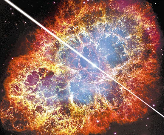 Concepção artística da nebulosa e sua emissão recorde de raios gama a partir do centro da estrela morta