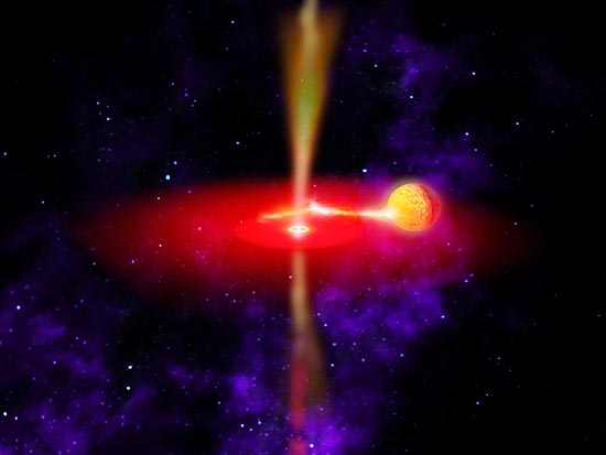 Ilustração artística mostra a ação do buraco negro GX 339-4 no momento em que engole uma estrela vizinha
