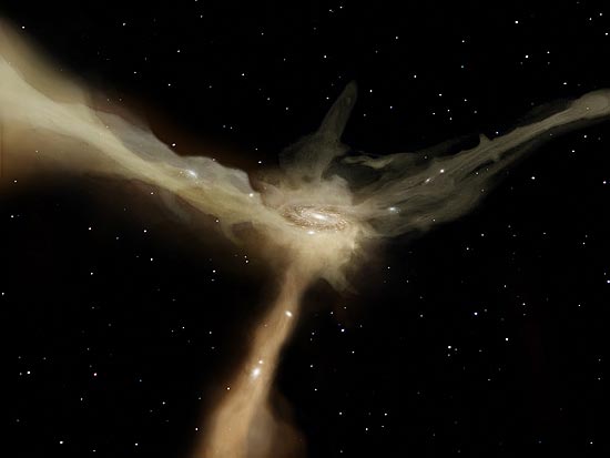 Na foto, filamentos de gás frio de uma galáxia, que fornecem matéria-prima para a formação de estrelas