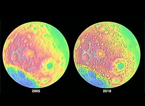 Imagens mostram diferença de detalhes da superfície da Lua em fotos tiradas em dois anos diferentes, em 2005 e 2010