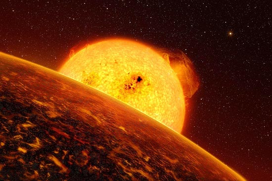 Ilustração de Corot-7b, o primeiro planeta rochoso encontrado fora do Sistema Solar, achado por sonda europeira